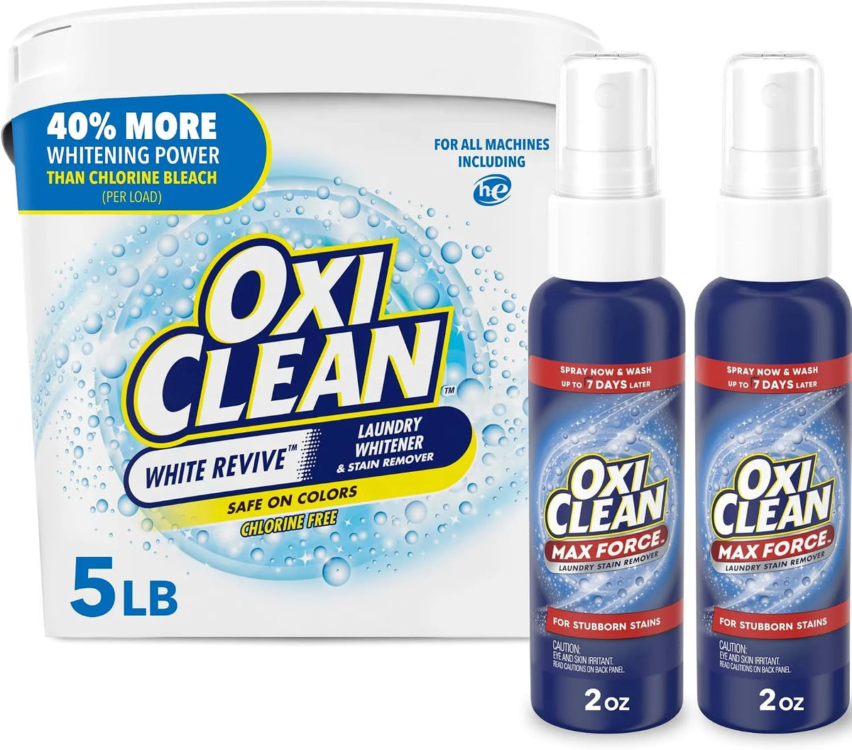 Bundle of OxiClean Max Force Laundry Stain Remover Spray, 2 fl oz, 2PK + OxiClean White Revive Laundry Whitener and Stain Remover Powder, 5 lb Main image