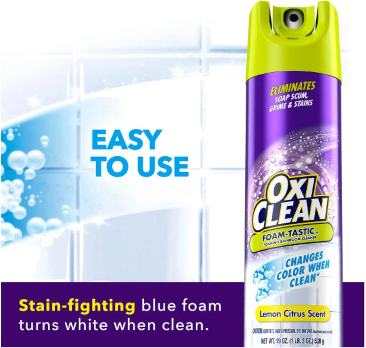 OxiClean Foam-Tastic Foaming Bathroom Cleaner Aerosol Spray, Changes Color When Clean, Eliminates Soap Scum, Grime & Stains, Lemon Citrus Scent, 19 oz (Pack of 4)