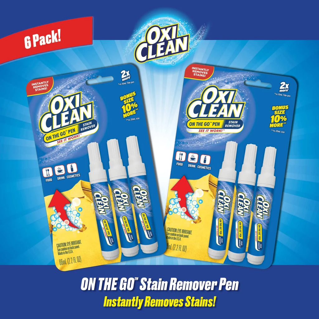 OxiClean On The Go Stain Remover Pen for Clothes, Portable Instant Stain Remover Stick with Scrubber Tip, Travel-Friendly Pen for Clothes Laundry, for Food Drink Cosmetics, 6 Count
