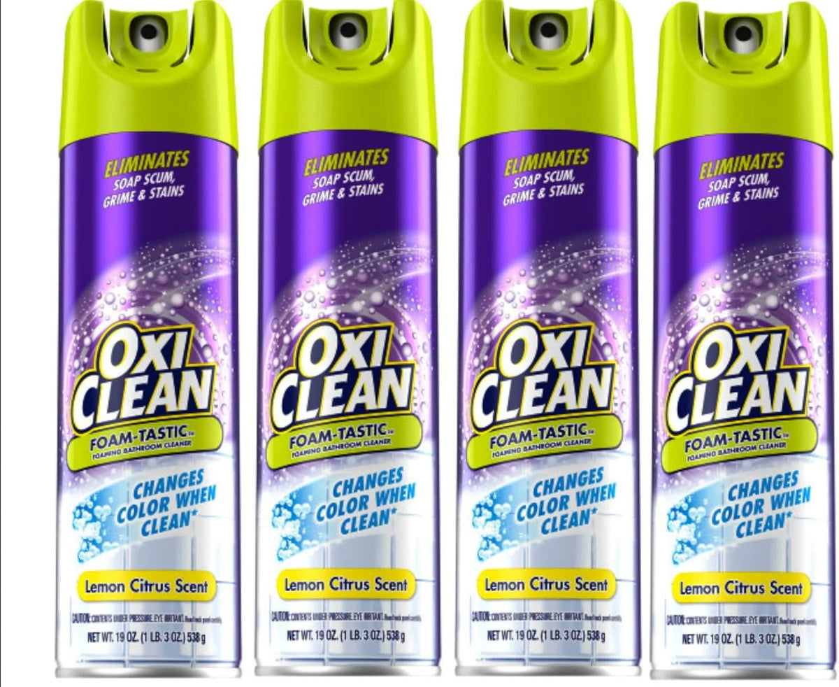 OxiClean Foam-Tastic Foaming Bathroom Cleaner Aerosol Spray, Changes Color When Clean, Eliminates Soap Scum, Grime & Stains, Lemon Citrus Scent, 19 oz (Pack of 4) Main image