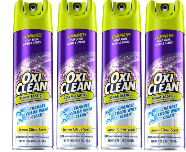 OxiClean Foam-Tastic Foaming Bathroom Cleaner Aerosol Spray, Changes Color When Clean, Eliminates Soap Scum, Grime & Stains, Lemon Citrus Scent, 19 oz (Pack of 4)