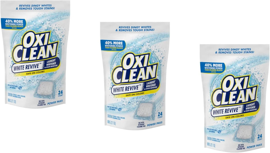 OxiClean White Revive Laundry Whitener & Stain Remover, Safe on Colors, Power Pack, Use with Detergent, Chlorine Free, 24 Pods (Pack of 3)