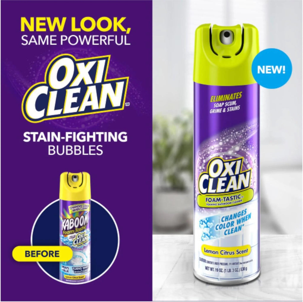 OxiClean Foam-Tastic Foaming Bathroom Cleaner Aerosol Spray, Changes Color When Clean, Eliminates Soap Scum, Grime & Stains, Lemon Citrus Scent, 19 oz (Pack of 4)