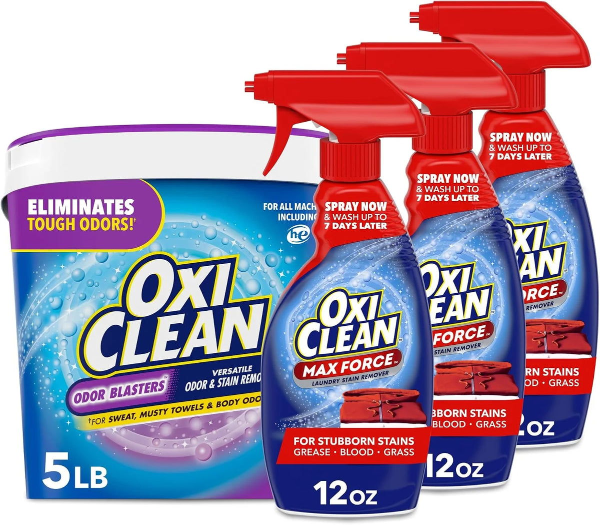 Bundle of OxiClean Odor Blasters Odor & Stain Remover Powder, Laundry Odor Eliminator, 5 Lbs + Oxi Clean Max Force Laundry Stain Remover Spray, 12 Fl. Oz, 3-Pack Main image