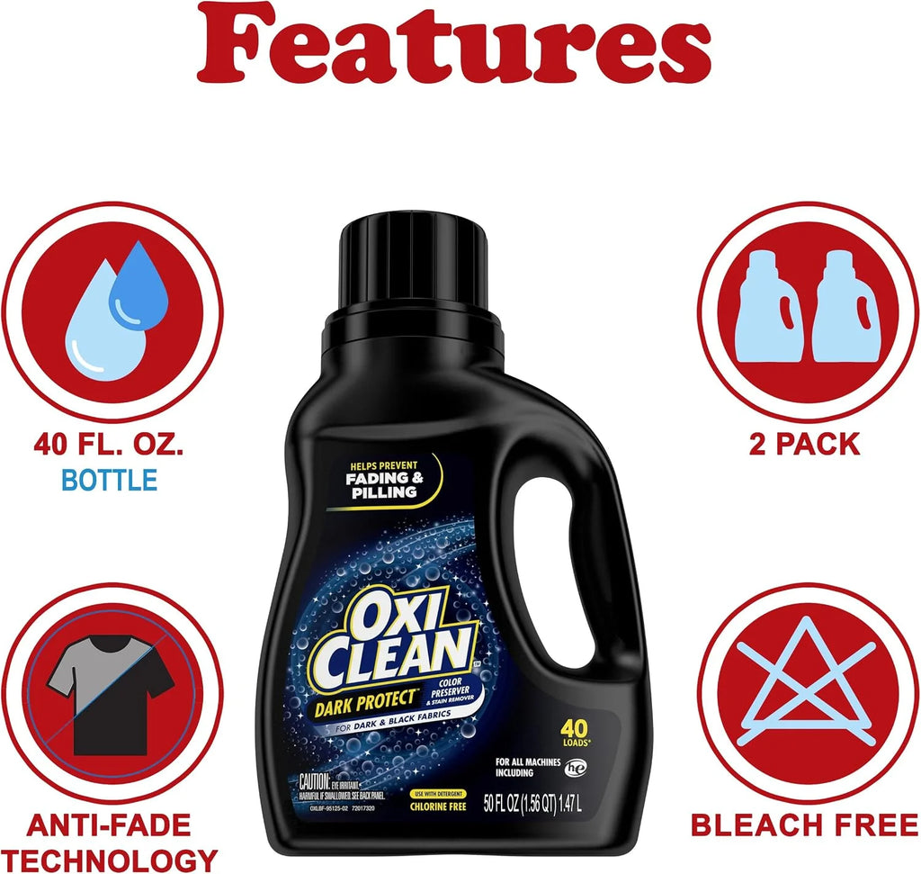 OxiClean Dark Protect Liquid Stain Remover and Laundry Booster, 2 Pack, Bleach Free Laundry Stain Remover for Dark Clothes, Anti Fading Color Preserver, 40 Loads, 50 oz Each