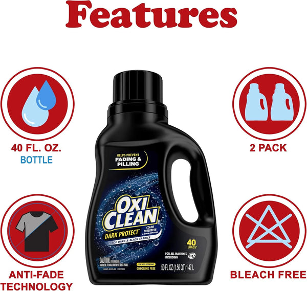 OxiClean Dark Protect Liquid Stain Remover and Laundry Booster, 2 Pack, Bleach Free Laundry Stain Remover for Dark Clothes, Anti Fading Color Preserver, 40 Loads, 50 oz Each